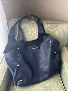 Poppy & Peonies Navy Pebbled Leather Tote with Gold Accents